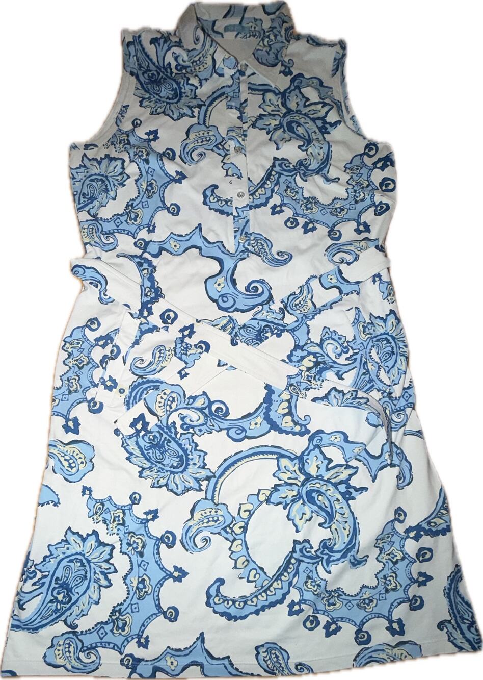 J. McLaughlin Shirt Dress Womens XL Blue & White Paisley Midi Sleeveless